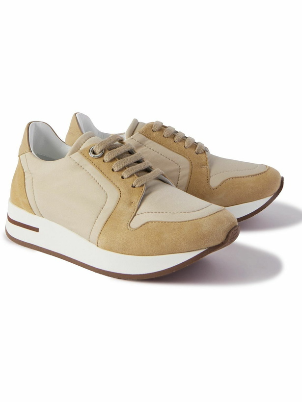 Photo: Loro Piana Kids - Walk Leather- and Suede-Panelled Mesh Sneakers - Brown