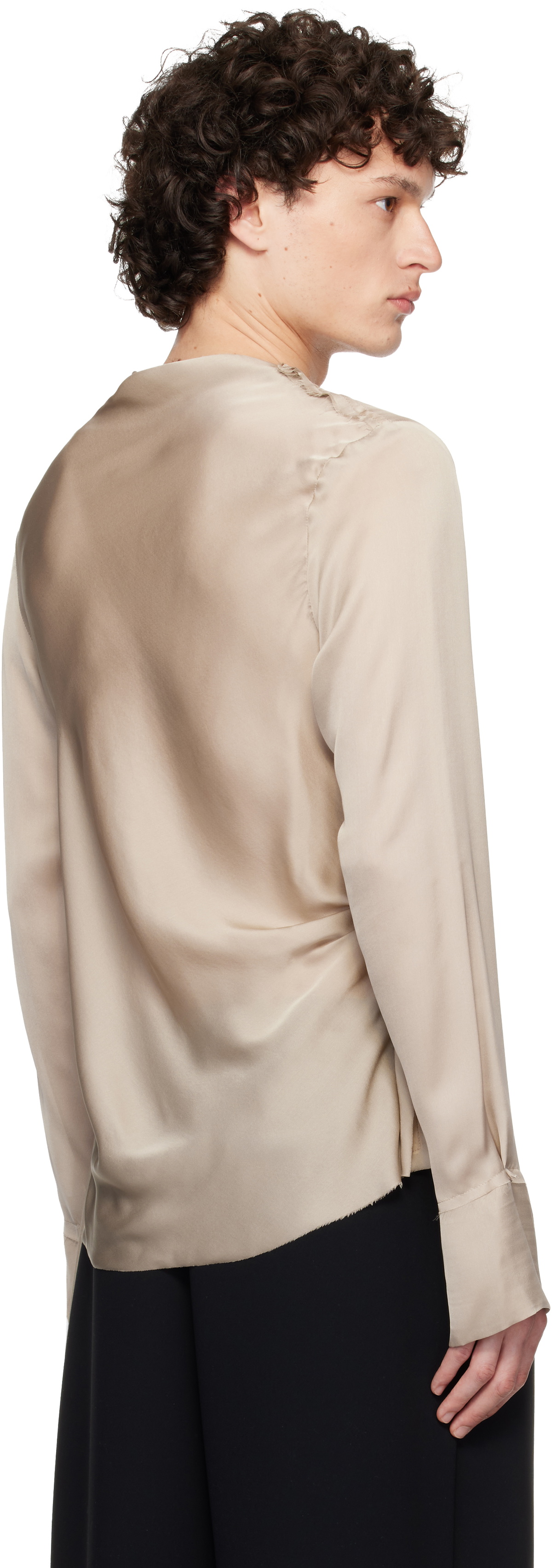 AARON ESH Taupe Draped Neck Long Sleeve Silk Blouse
