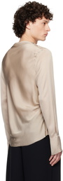 AARON ESH Taupe Draped Neck Long Sleeve Silk Blouse