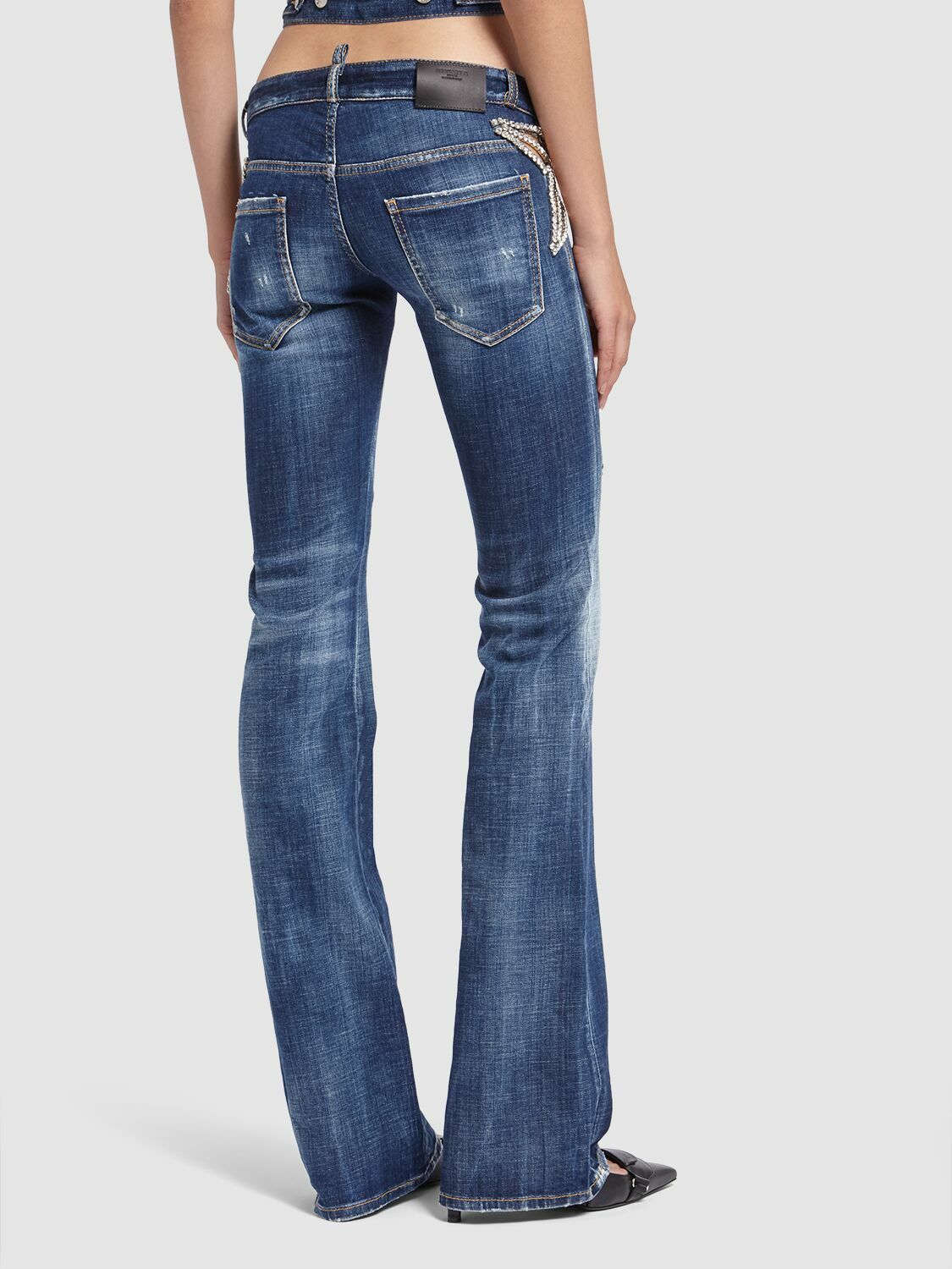 デニム・ジーパン Dsquared2 Blue High Waist Bell Bottom Jeans DSQUARED2 Distressed Cool Guy Jean Kick Ass Beads 5-Pockets