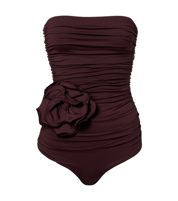 Photo: Magda Butrym Floral-appliqué ruched swimsuit