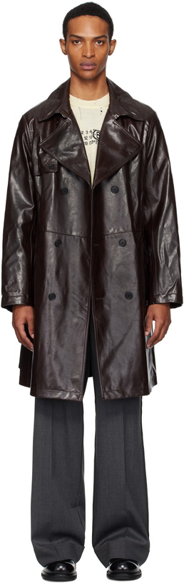 Photo: MM6 Maison Margiela Burgundy Double-Breasted Faux-Leather Jacket