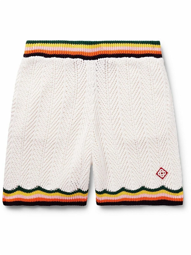 Photo: Casablanca - Straight-Leg Logo-Appliquéd Striped Crocheted Cotton Shorts - White