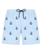 MC2 Saint Barth Man Mid-length Seersucker Gustavia Swim Shorts With Anchors Embroidery