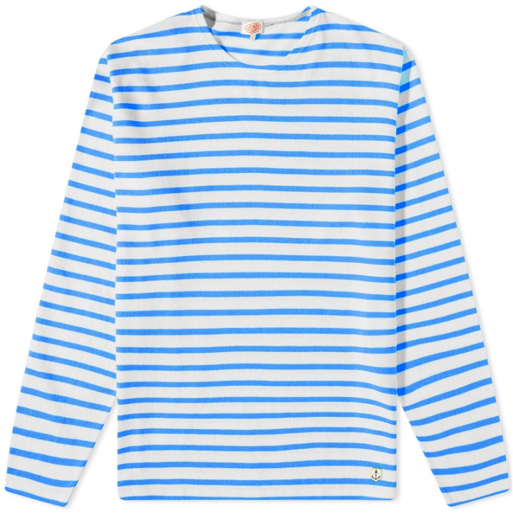 Photo: Armor-Lux Men's 59654 Long Sleeve Organic Stripe T-Shirt in Milk/Royal Blue