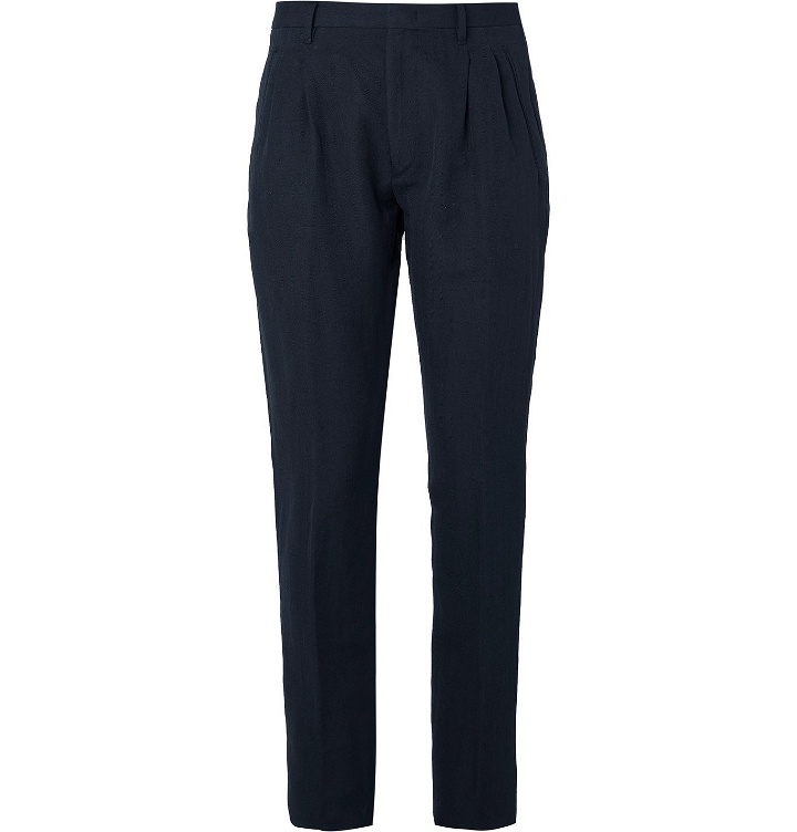 Photo: Zanella - Navy Newton Slim-Fit Pleated Herringbone Cotton and Linen-Blend Trousers - Blue