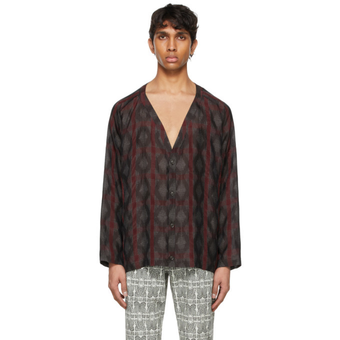 Photo: Needles Brown and Burgundy Cupro Jacquard Splashed Plaid Cardigan