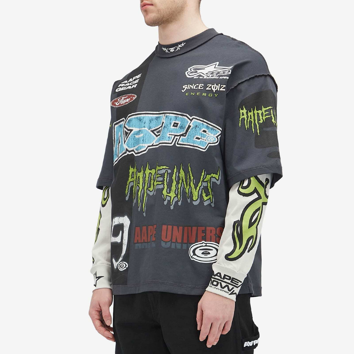 Men's AAPE AOP Racing Long Sleeve T-Shirt in Dark Grey