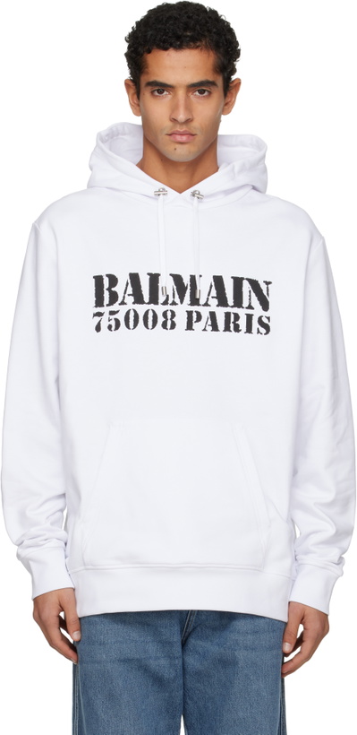 Photo: Balmain White 'Balmain' Stamp Printed Hoodie