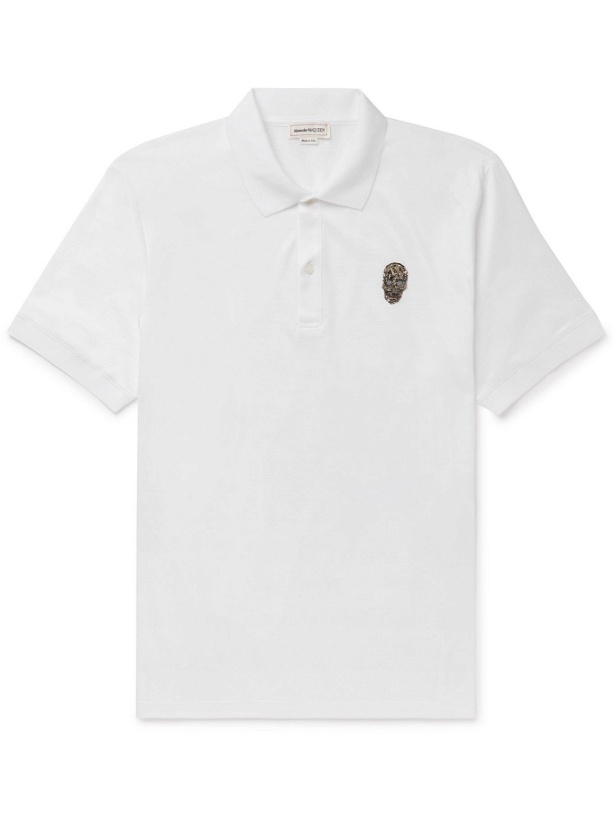 Photo: ALEXANDER MCQUEEN - Slim-Fit Embellished Cotton-Jersey Polo Shirt - White