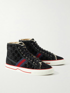 GUCCI - Tennis 1977 Shearling-Lined Webbing-Trimmed Monogrammed Suede Sneakers - Black