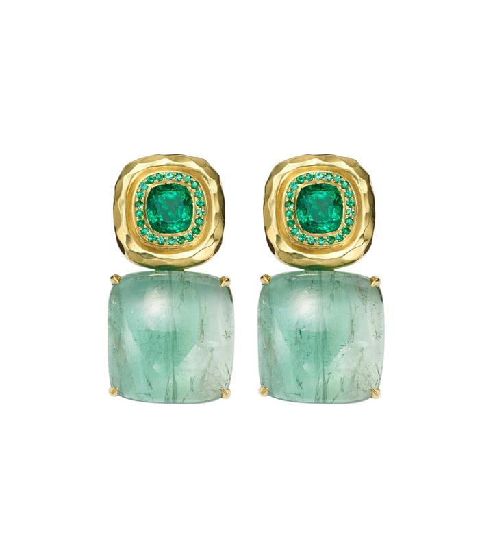 Photo: Octavia Elizabeth Double Orbit 18kt gold earrings with tourmaline and emeralds