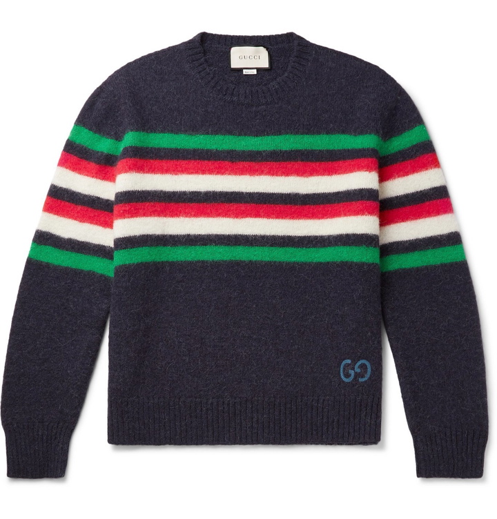 Photo: GUCCI - Logo-Embroidered Striped Wool-Felt and Alpaca-Blend Sweater - Blue