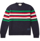 GUCCI - Logo-Embroidered Striped Wool-Felt and Alpaca-Blend Sweater - Blue