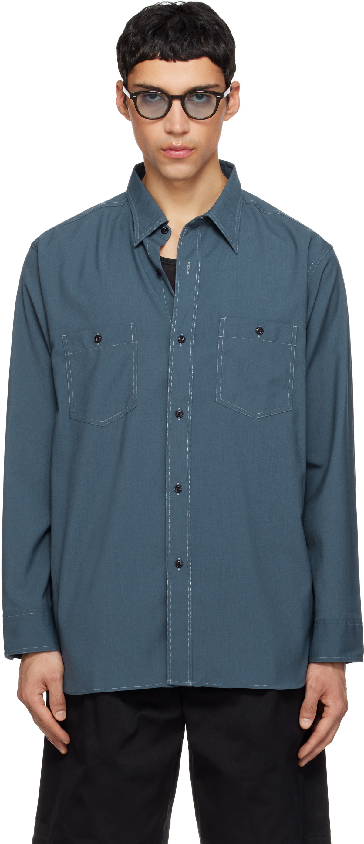 nanamica Navy Polyester Wool Field Shirt