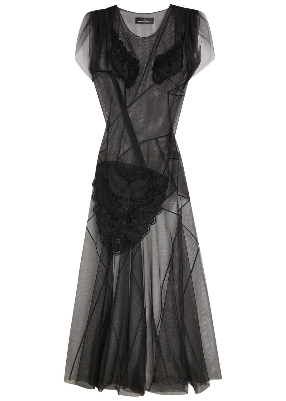 Vivienne Westwood Justina Embroidered-appliqué Mesh Maxi Dress Black