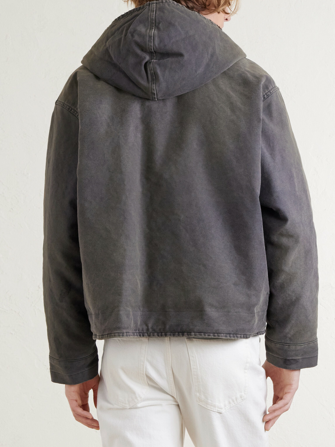 A.PRESSE - Fleece-Lined Distressed Cotton-Canvas Hooded Jacket - Gray