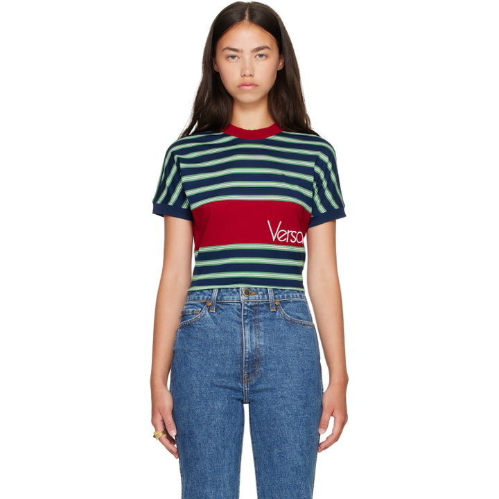 Photo: Versace Blue & Red Embroidered-Logo Striped-Intarsia Cotton T-shirt
