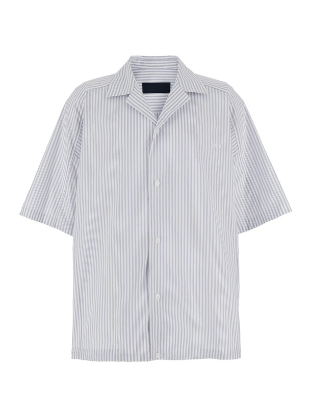 Photo: Juun.J Blue Bowling Shirt With Cuban Collar And All-over Striped Motif In Cotton Blend Man
