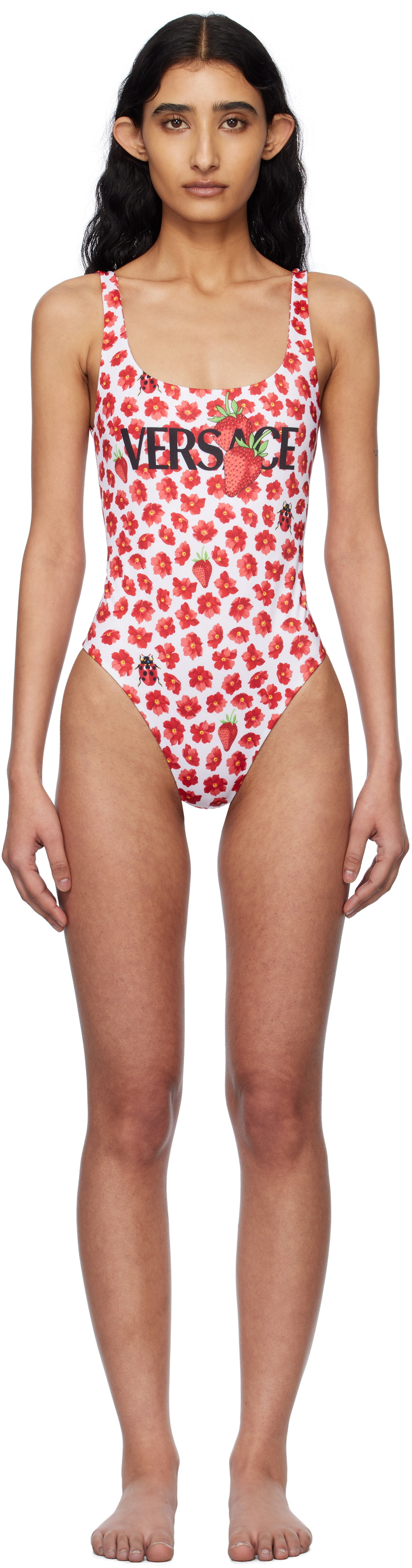 Versace Underwear White & Red Strawberry Garden One-Piece Swimsuit