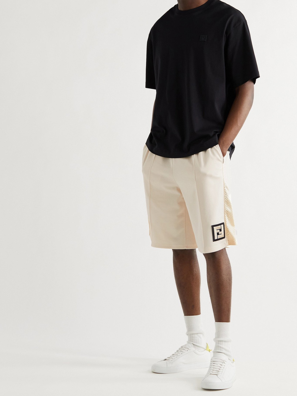 FENDI - Wide-Leg Logo-Appliquéd Mesh-Panelled Tech-Jersey Shorts