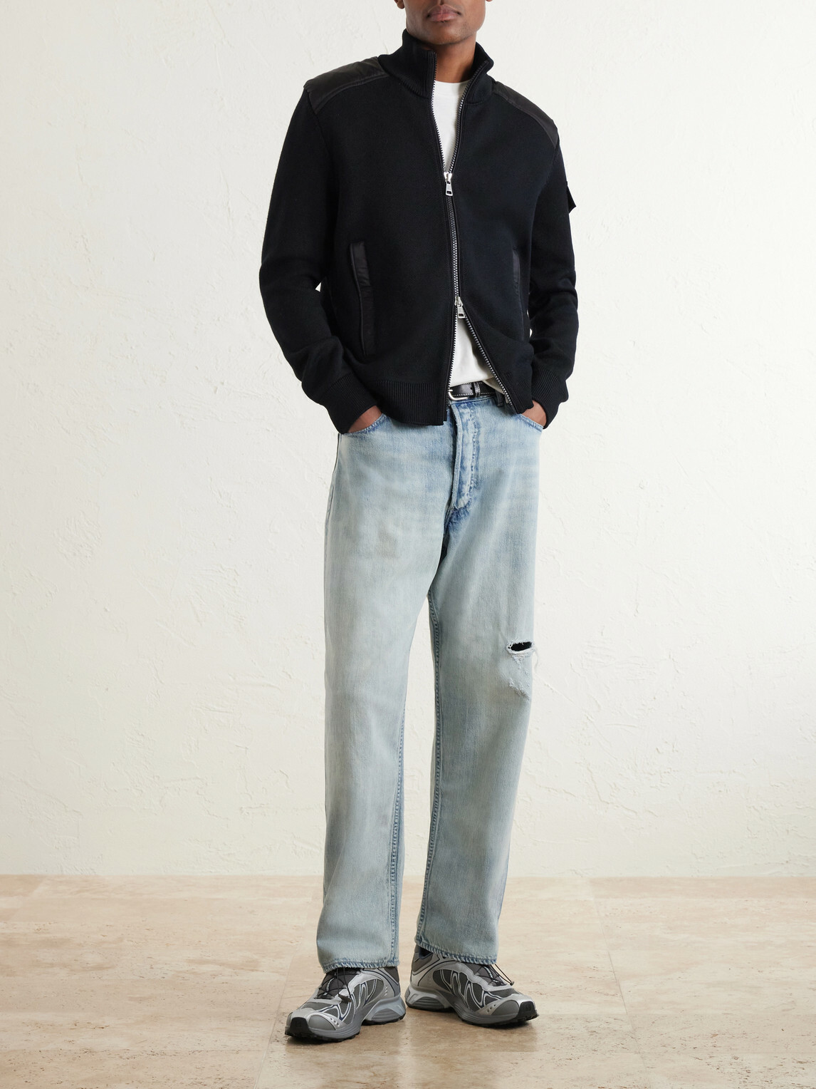 Moncler - Panelled Virgin Wool Zip-Up Cardigan - Black