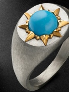 Jenny Dee Jewelry - Sunshine Brushed Sterling Silver, 18-Karat Gold and Turquoise Signet Ring - Blue