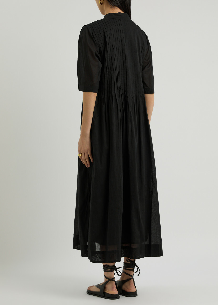 Skall Studio Dot Pintuck Cotton Midi Shirt Dress Black