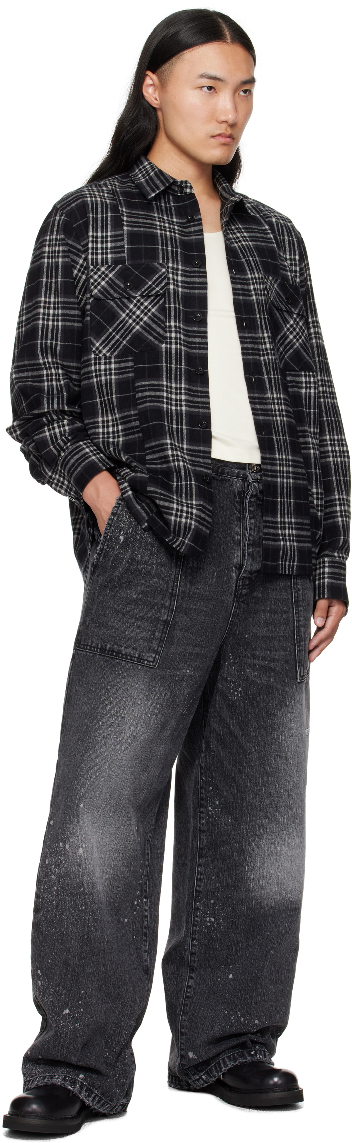 sacai Black Plaid Flannel Shirt