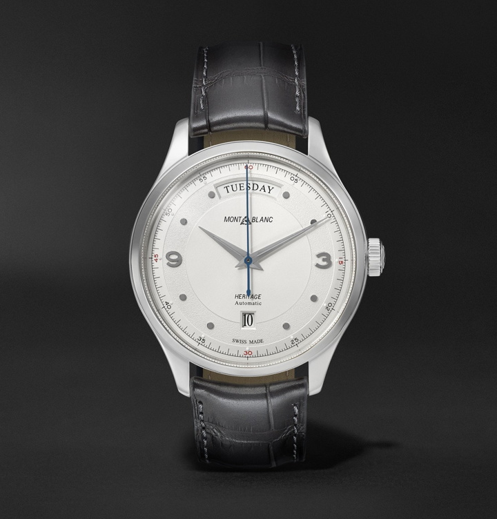 Photo: MONTBLANC - Heritage Automatic Day-Date 39mm Stainless Steel and Alligator Watch, Ref. No. 119947 - White