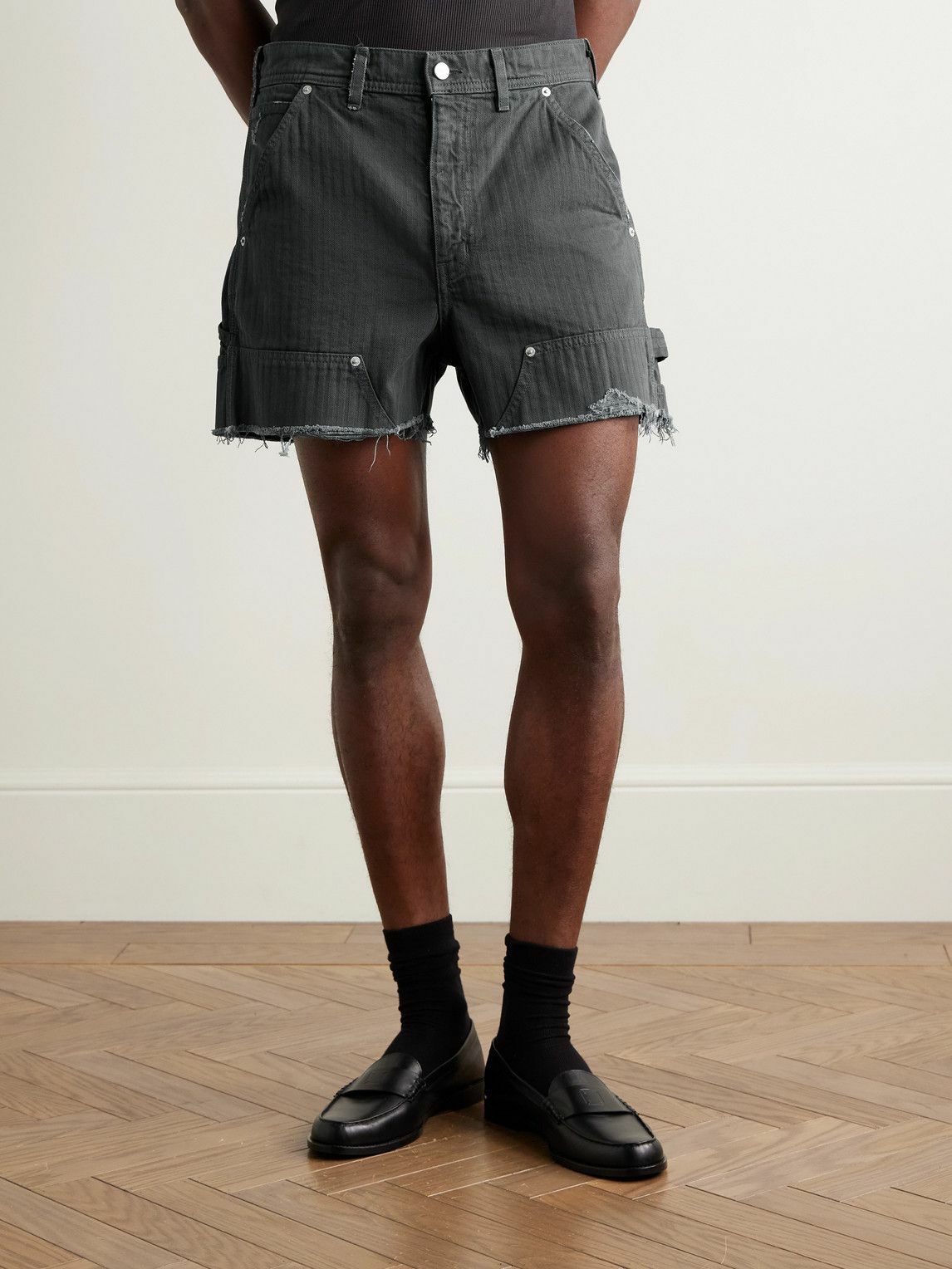 Enfants Riches Déprimés - Slim-Fit Distressed Herringbone Denim Shorts - Black