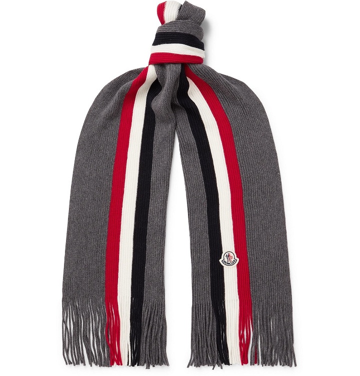 Photo: Moncler - Fringed Logo-Appliquéd Striped Ribbed Virgin Wool Scarf - Gray