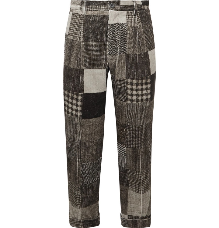 Photo: Beams Plus - Cropped Tapered Patchwork Printed Cotton-Blend Corduroy Trousers - Gray