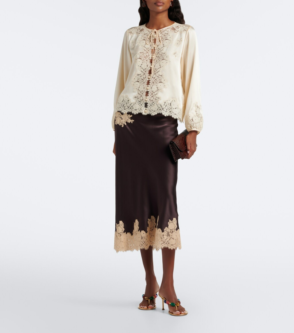 Dôen Elowen lace-trimmed silk satin midi skirt
