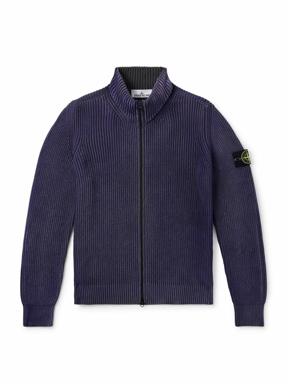 Stone Island - Logo-Appliquéd Ribbed Organic Cotton Zip-Up Sweater