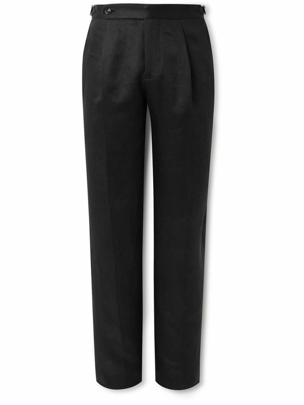 Photo: Brunello Cucinelli - Tapered Pleated Cotton and Silk-Blend Satin-Trimmed Linen Tuxedo Trousers - Black