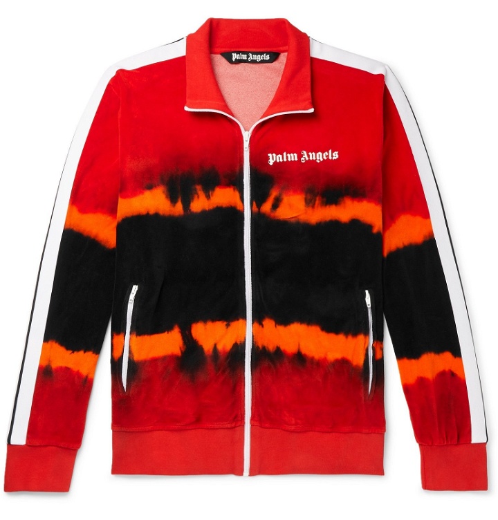 Photo: Palm Angels - Logo-Print Tie-Dyed Cotton-Blend Velour Track Jacket - Red
