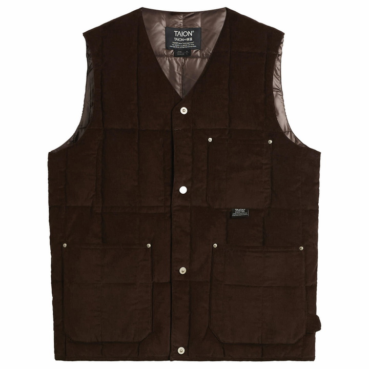 Photo: Taion Men's Work V-Neck Button Down Vest in Dark Brown