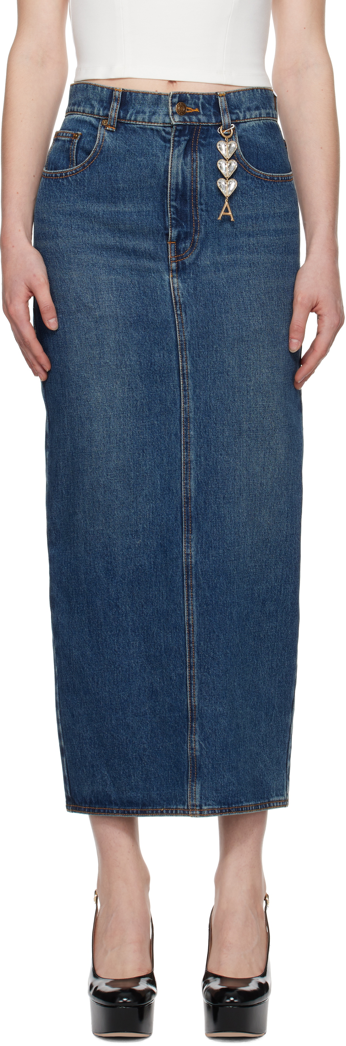 AREA Blue Zip Slit Denim Midi Skirt