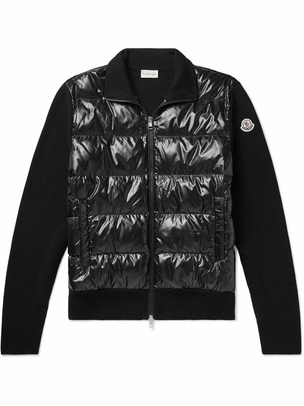 Photo: Moncler - Slim-Fit Ribbed Wool and Quilted Shell Down Hooded Zip-Up Cardigan - Black