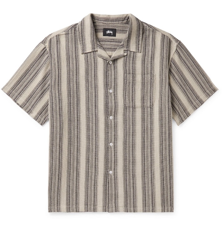 Photo: Stüssy - Camp-Collar Striped Waffle-Knit Cotton Shirt - Gray