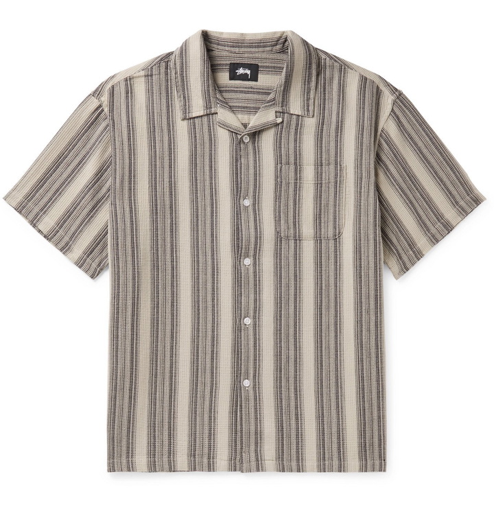 Photo: Stüssy - Camp-Collar Striped Waffle-Knit Cotton Shirt - Gray