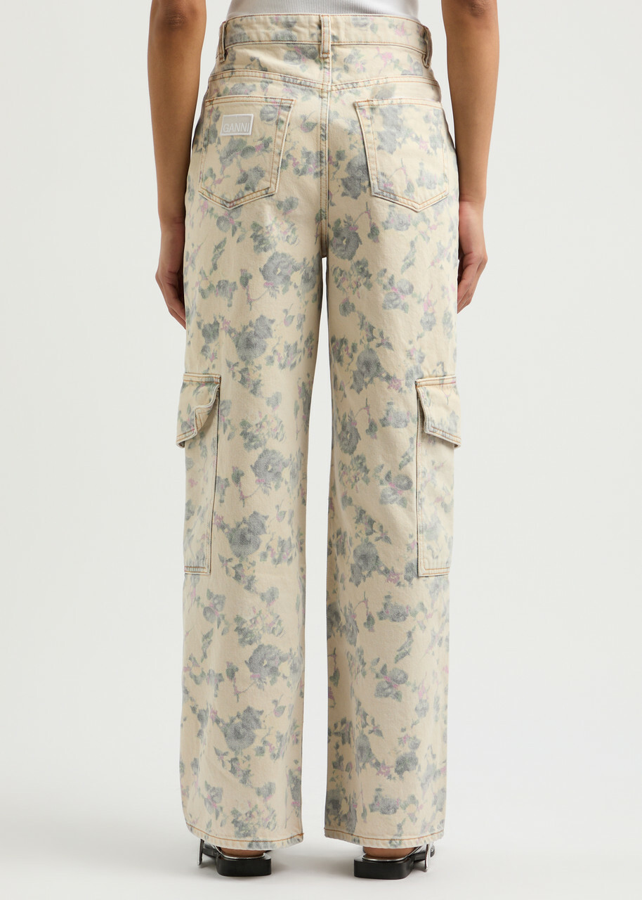 Ganni Floral-print Straight-leg Cargo Jeans Beige GANNI