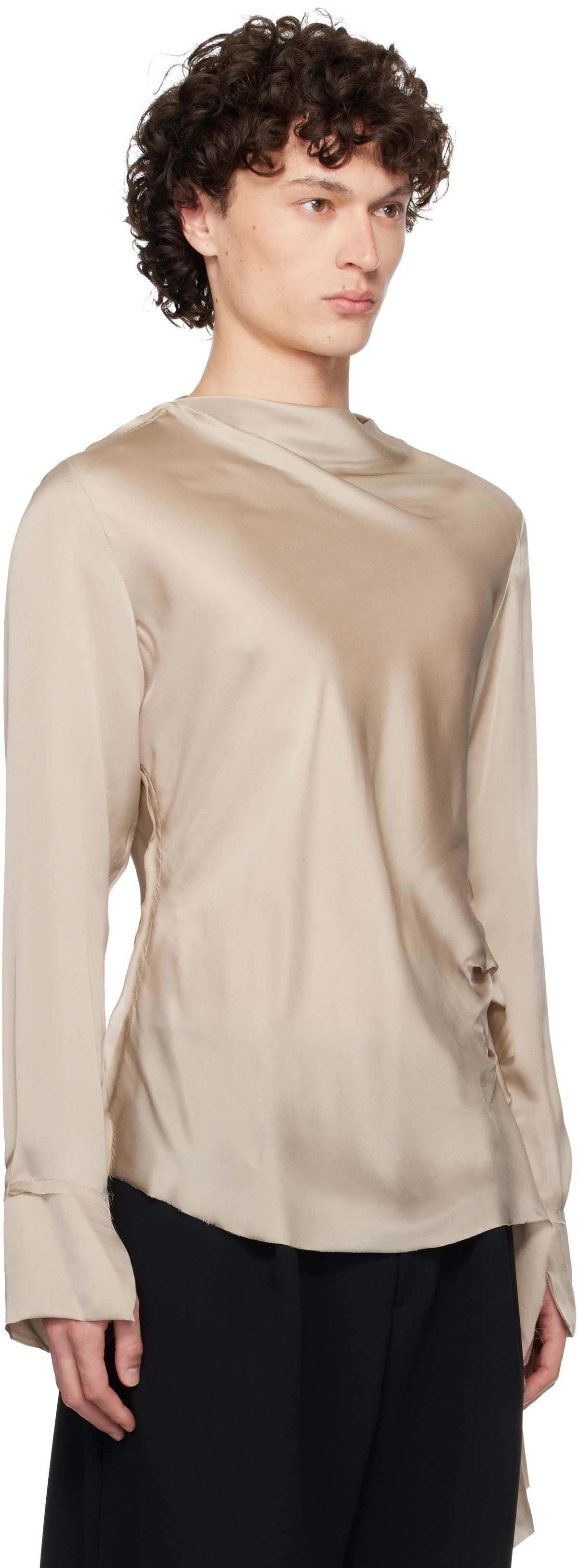 AARON ESH Taupe Draped Neck Long Sleeve Silk Blouse