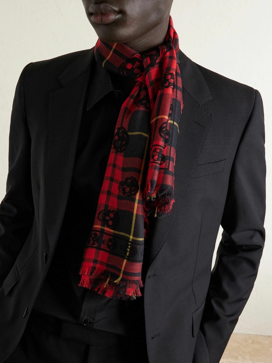 McQueen - Fringed Checked Wool and Silk-Blend Scarf