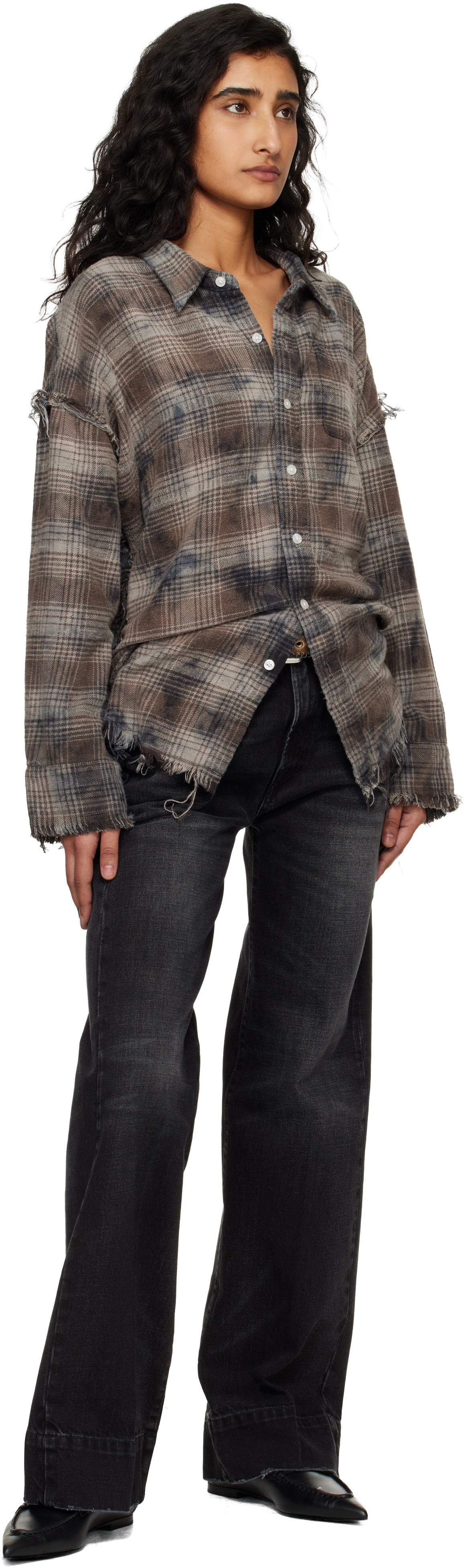 R13 Gray Shredded Seam Drop Neck Shirt