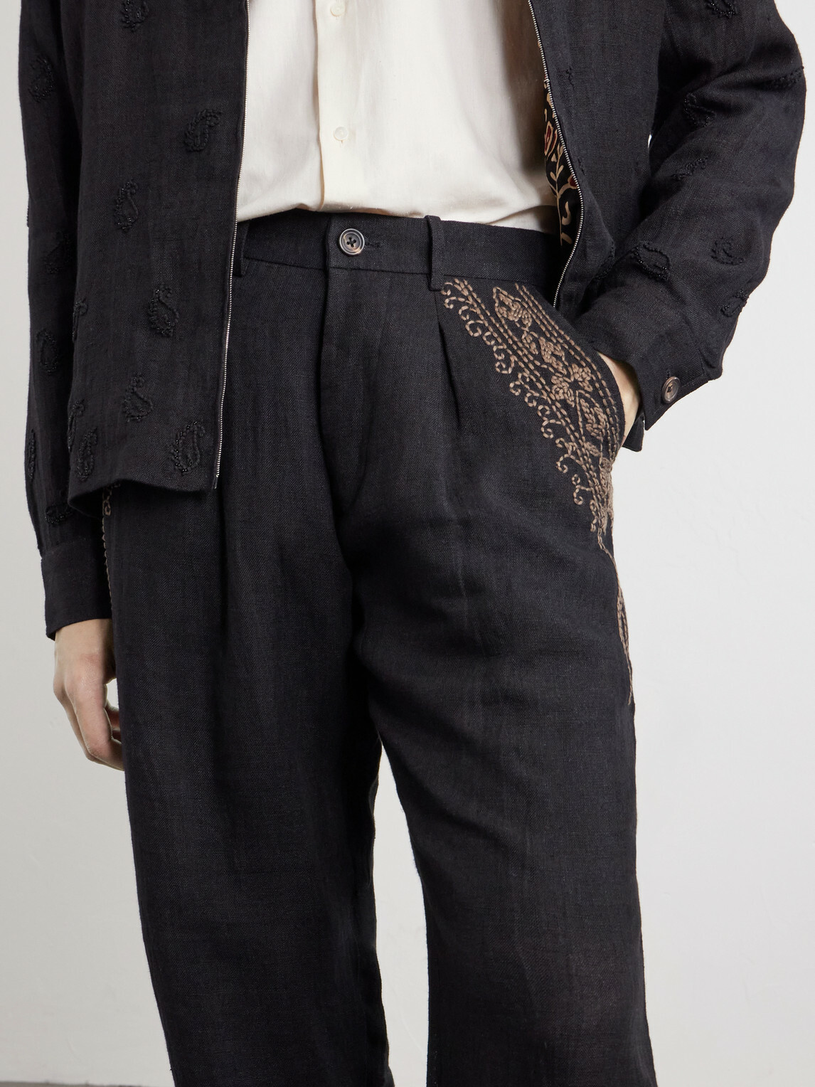 Kartik Research - Straight-Leg Zardozi Embroidered Pleated Linen Trousers - Black