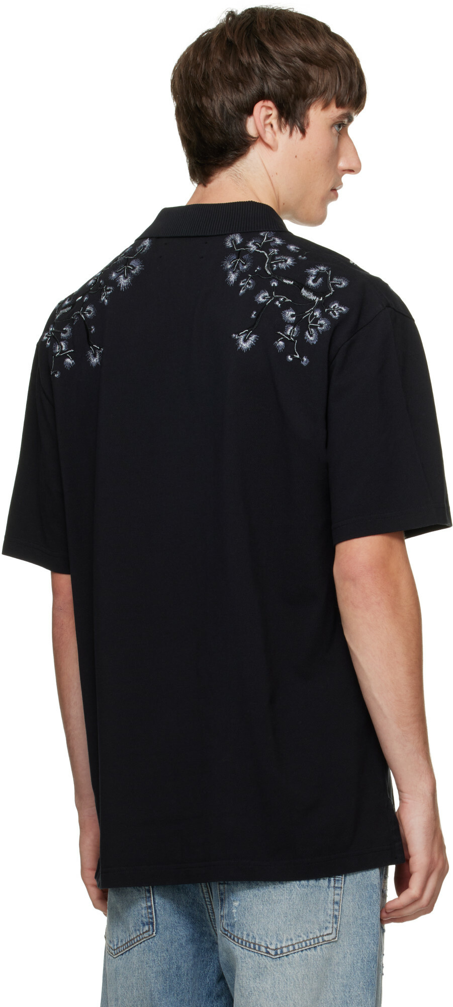 AMIRI Black Floral Embroidered Polo