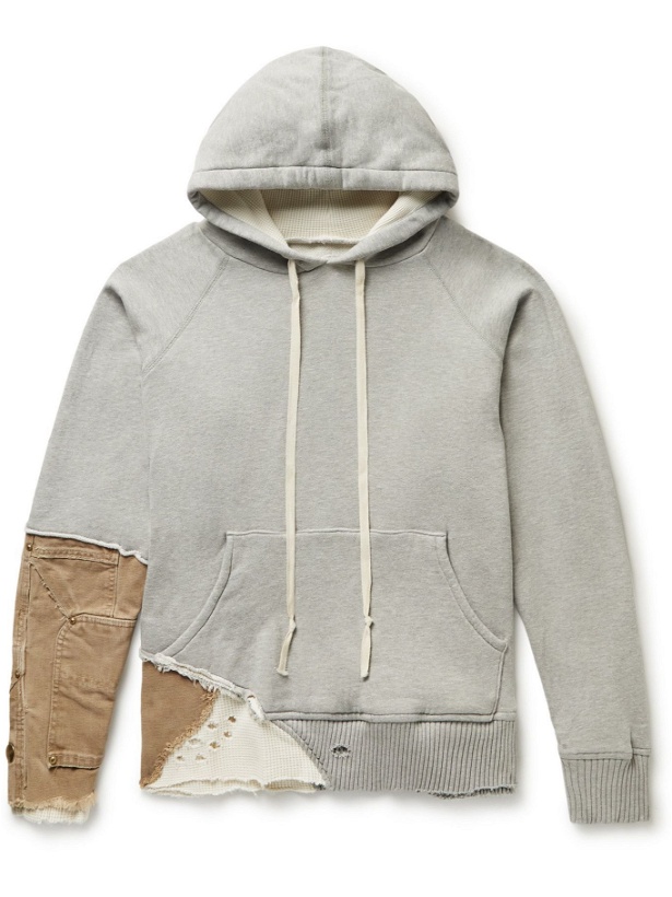 Photo: Greg Lauren - Fragment Distressed Panelled Cotton-Jersey and Canvas Hoodie - Gray