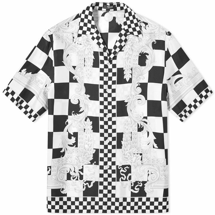 Photo: Versace Men's Checkerboard Medusa Print Silk Vacation Shirt in Black White Silver